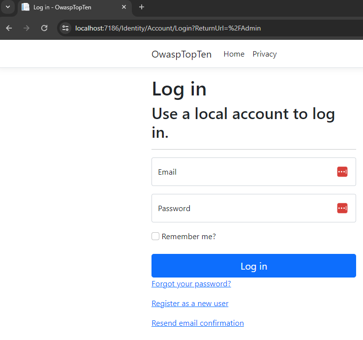 ASP.NET application Log in page