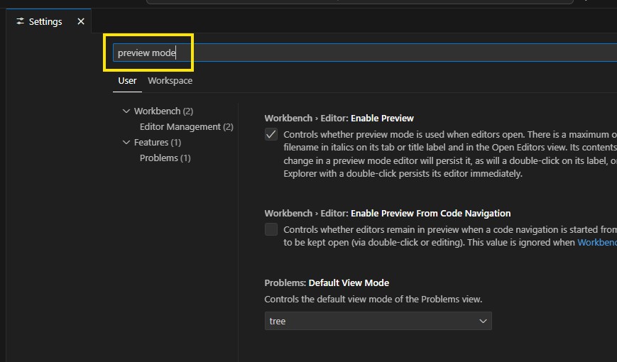 Search Settings for Preview Mode