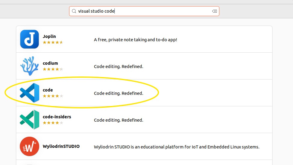 code in Ubuntu Software Application with description of &ldquo;Code editing. Redefined.&rdquo;